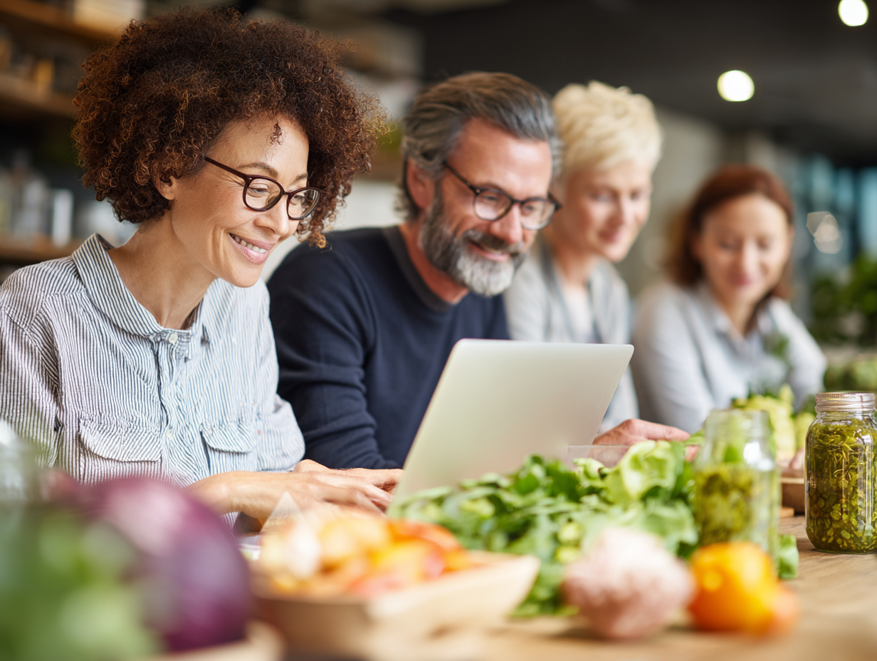 Echipă diversă de profesioniști pregătind planuri nutriționale personalizate