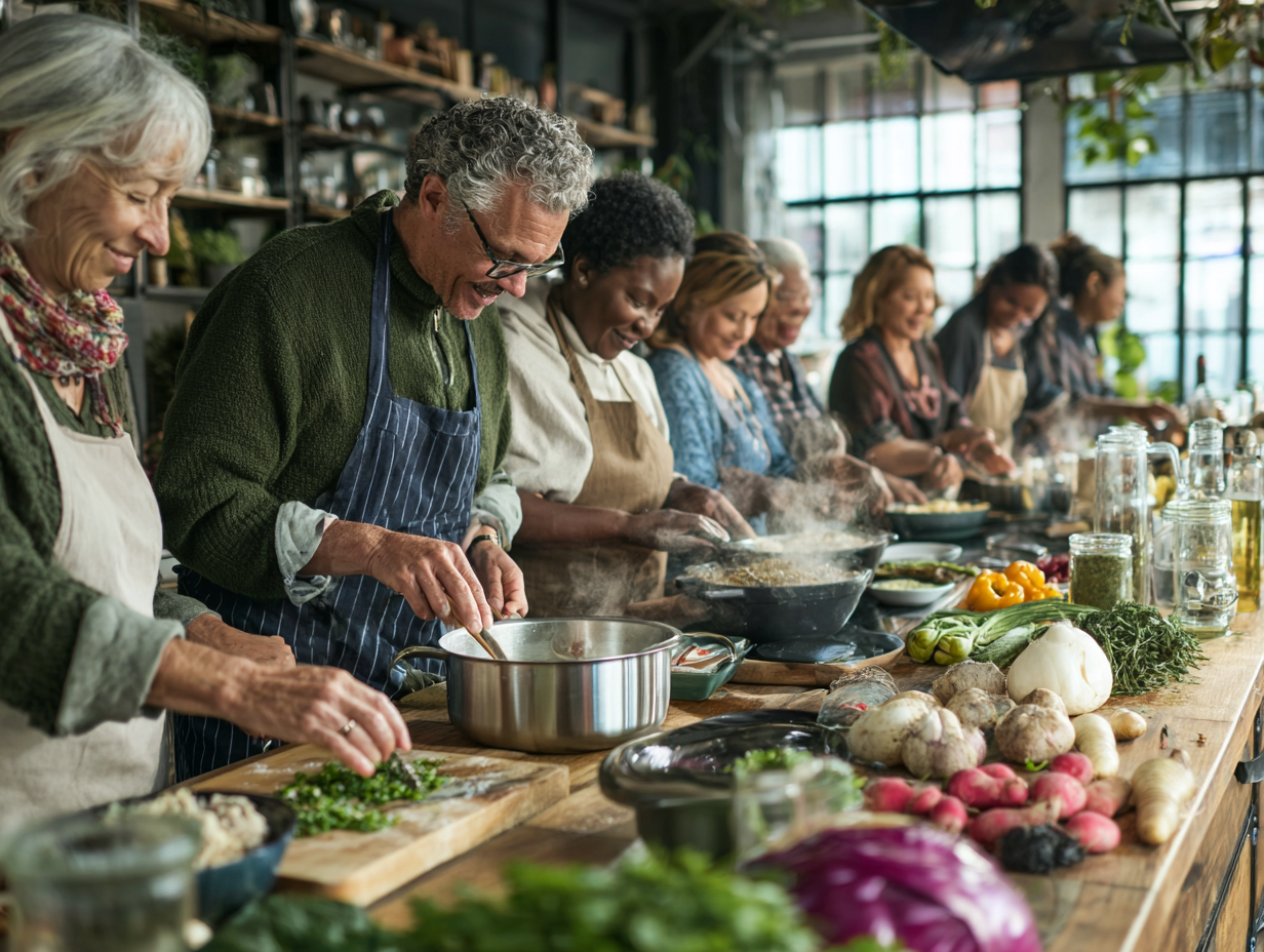 Grup de persoane de toate vârstele participând la un atelier culinar educațional