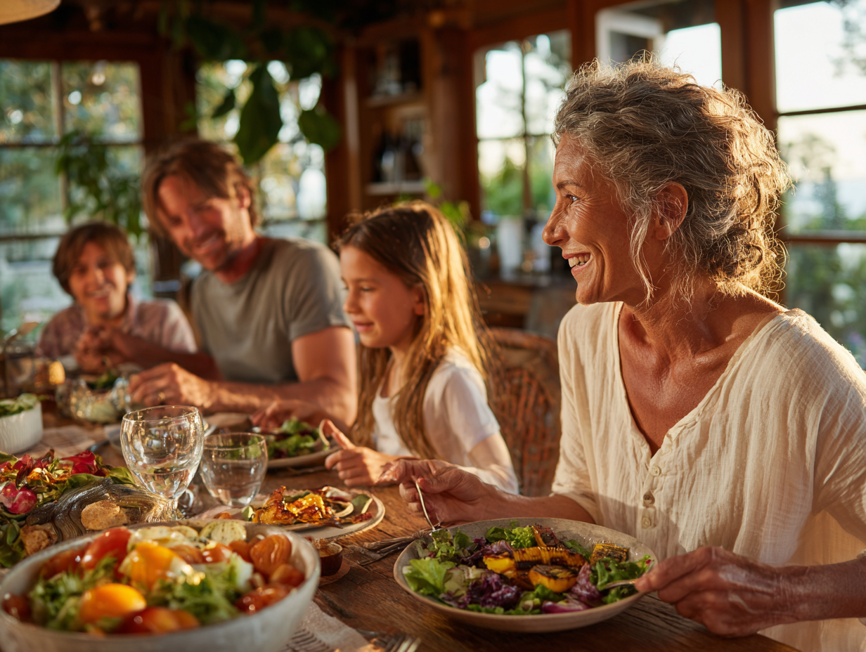 Familie de diferite vârste bucurându-se de o masă sănătoasă împreună